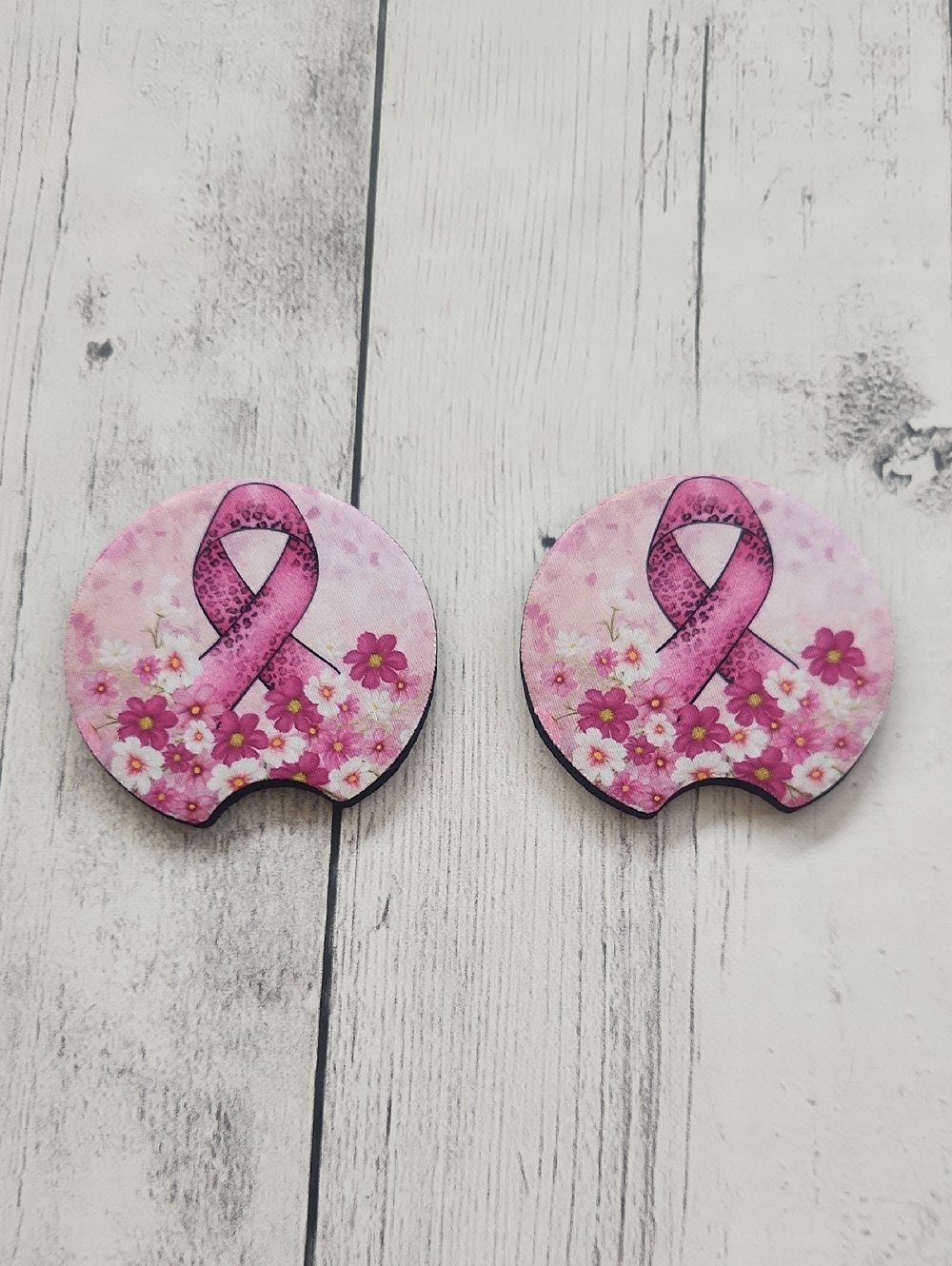 New Breast Cancer Awareness Floral Car Coasters Set Of 2, Neoprene